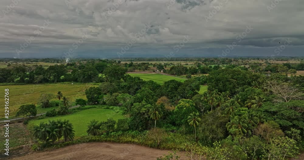 Guarumal Panama Aerial v4 panoramic view circular pan shot capturing beautiful lush green fertile farmland in open space with stormy clouds in the sky - Shot with Mavic 3 Cine - April 2022 Guarumal Panama Aerial v4 panoramic view circular pan shot capturing beautiful lush green fertile farmland in open space with stormy clouds in the sky - Shot with Mavic 3 Cine - April 2022