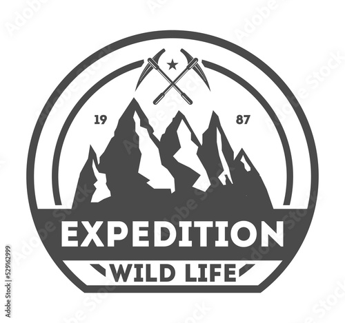 Mountain explorer vintage isolated label vector illustration. Mountain expeditions icon. Wild life concept. Adventure outdoor resort and hiking logo. Mountain logo vector template
