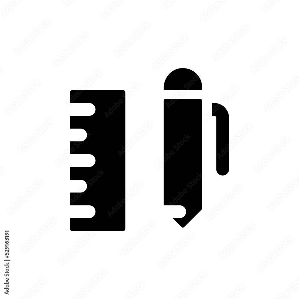 School stationery black glyph ui icon. Pen with ruler. Writing materials. User interface design. Silhouette symbol on white space. Solid pictogram for web, mobile. Isolated vector illustration School stationery black glyph ui icon. Pen with ruler. Writing materials. User interface design. Silhouette symbol on white space. Solid pictogram for web, mobile. Isolated vector illustration