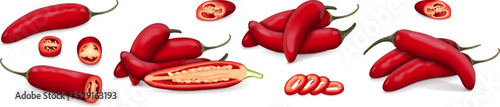 Set of red serrano Chile peppers. Whole, half, sliced, wedges of peppers. Chile serrano or serrano chilis. Chili pepper. Capsicum annuum. Vegetables. Vector illustration isolated on white background