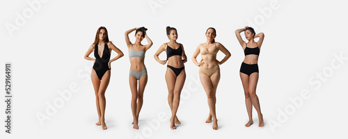 Five young women wearing underwear standing together isolated over gray background. Body positivity and weight loss concept