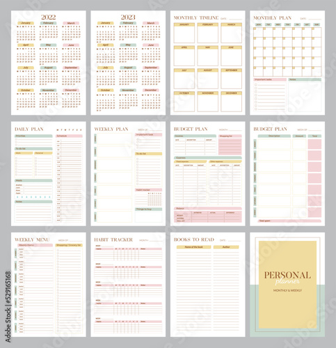 Personal planner page templates with calendar and cover. Vertical A4 format daily, weekly, monthly plan. Budget organization. Calendar 12 monthes 2022-2023 yers. Vector graphic set for daily routine photo