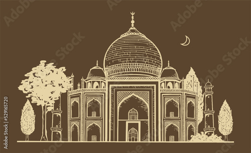 Hand drawing of the Muslim mosque Ramadan kareem traditional Islamic holiday Vector illustration