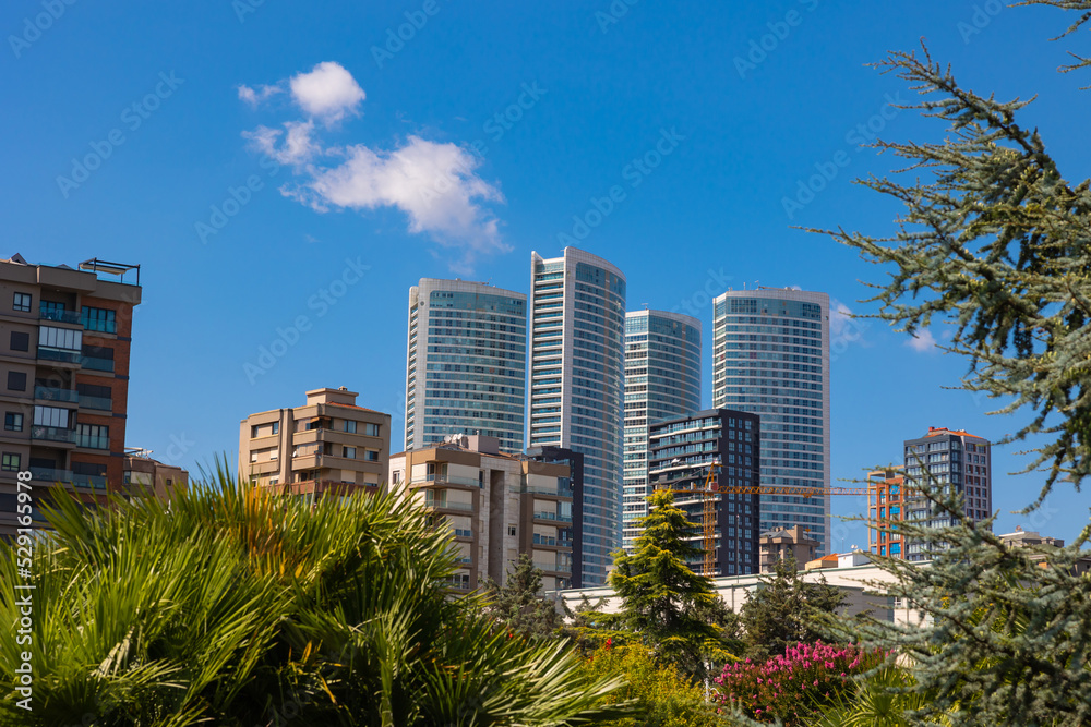 Sustainable cities concept. Downtown district view from a public park. Sustainable cities concept. Downtown district view from a public park.