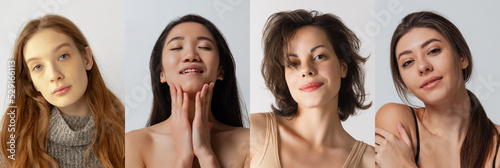 Set of images of young different girls with well-kept young skin without makeup isolated on light background. Beauty, cosmetologics products, ad