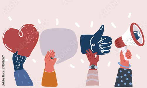Vector illustration of social media icons. Digital marketing symbols. Like button, speech bubble, megaphone and heart symbol in human hands