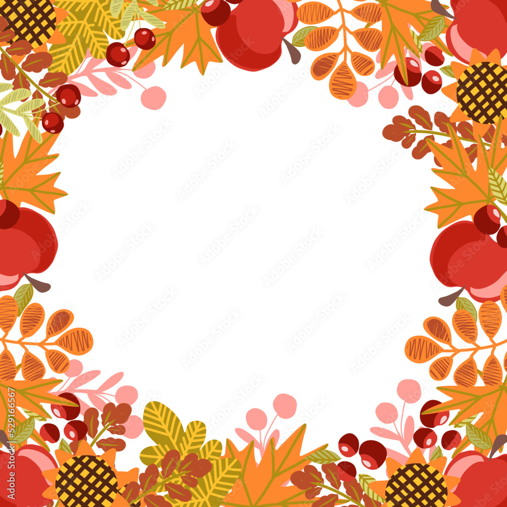 Thanksgiving day vector square frame with fall leaves, sunflowers, berries, fruits and vegetables.
