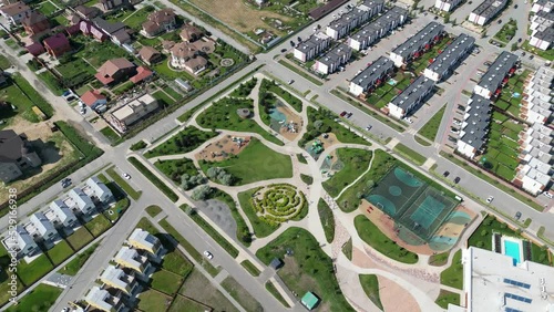 View of the new residential areas of the city from a drone. Apartment buildings and urban infrastructure
