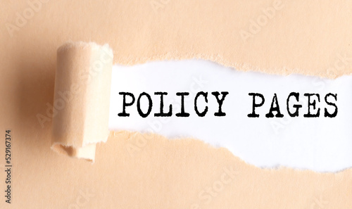 The text POLICY PAGES appears on torn paper on white background.