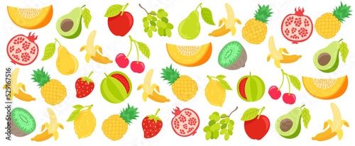 Doodle fruits. Horizontal banner background. Tropical fruit set. Juicy colors. Vector illustration.