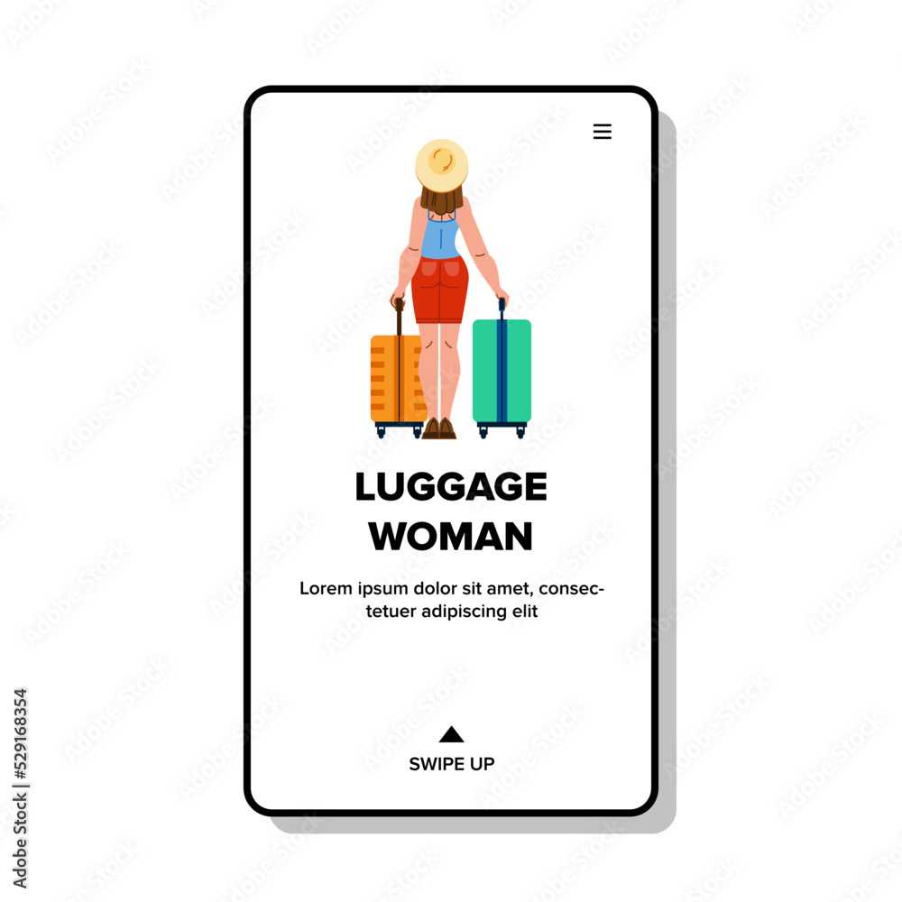 luggage woman vector. travel suitcase, bag baggage, girl vacation, tourist young, trip person, journey happy luggage woman character. people flat cartoon illustration luggage woman vector. travel suitcase, bag baggage, girl vacation, tourist young, trip person, journey happy luggage woman character. people flat cartoon illustration