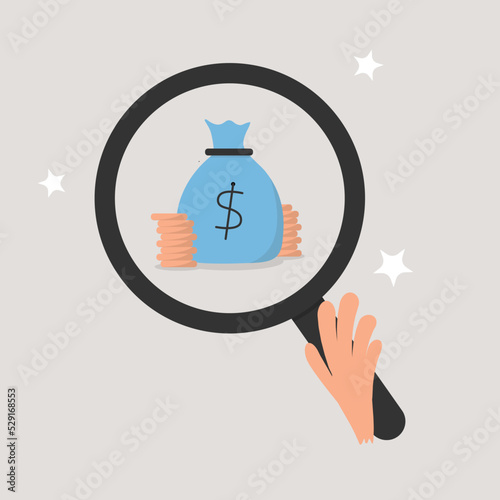 Businessman hands with magnifier analysis money bag and coint. Searching for investment opportunity, stock market research or hidden cost and expense concept. Cartoon design for vector.