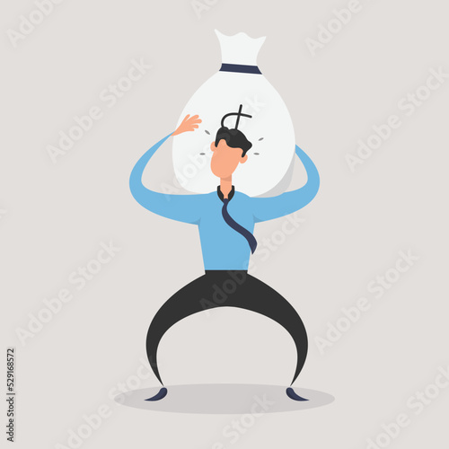 Businessman carrying huge heavy money bag, Business concept. Earn money for become a rich. Cartoon design for vector.
