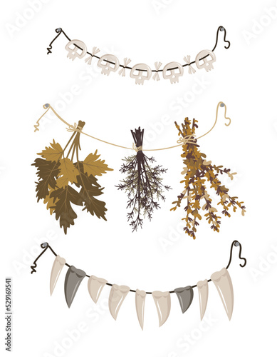 Bunches of dry grass hang from a rope and beads with fangs and skulls. Harvest stock, bath broom or witch herb for potion. Festive decoration for Halloween. Vector flat illustration