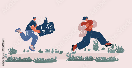 Set of happy people showing various positive emotions with gestures. Ok sign, clenched fist, thumbs up, victory fingers and hand heart. Colored flat vector illustration isolated on white background