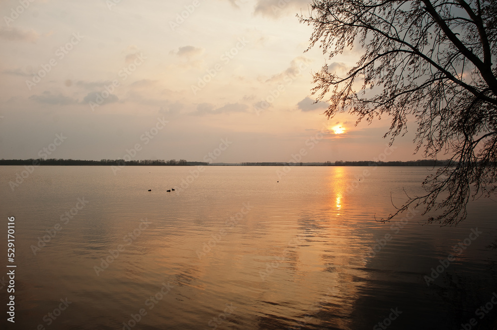 Sunset reflection in a lake around Pasohlavky, South Moravia, Czech Republic.