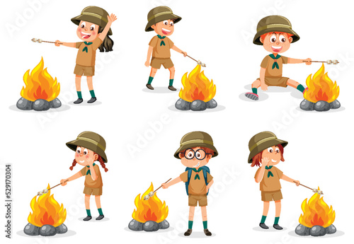 Set of children roasting marshmallow