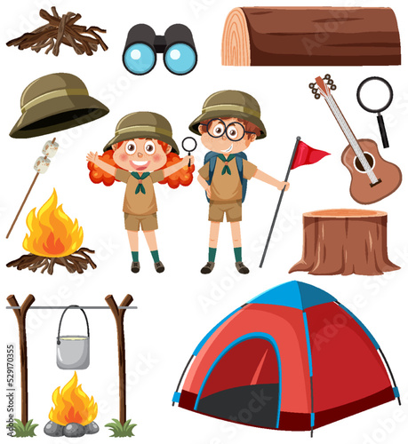 Camping objects and cartoon character set