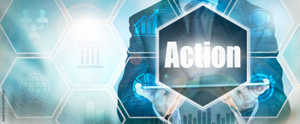 Fototapeta premium A Action business word concept on a futuristic blue display.