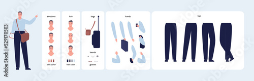 Character diy kit. Vector flat design people illustration. Man constructor element set. Young male office employee with various emotion, hair, skin tone, travel bag, suit case, hands and legs