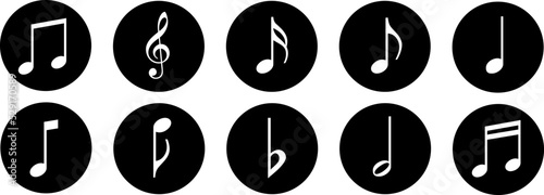 Music notes icons set. Round buttons. Vector illustration