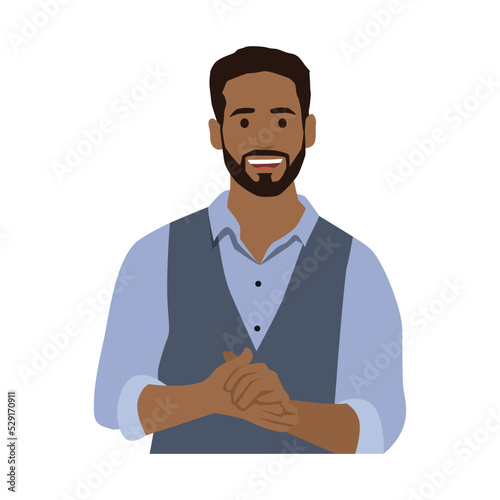 Black man cartoon character keeping arms crossed,. Businessman standing with folded arms pose. Flat vector illustration isolated on white background