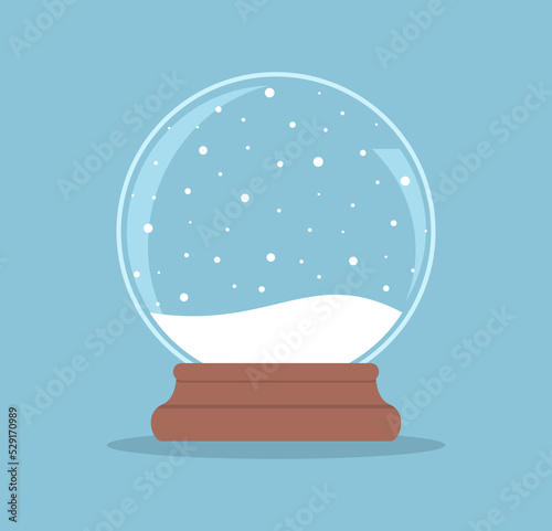 Christmas glass ball with snow and snowfall on a blue background. Flat vector illustration
