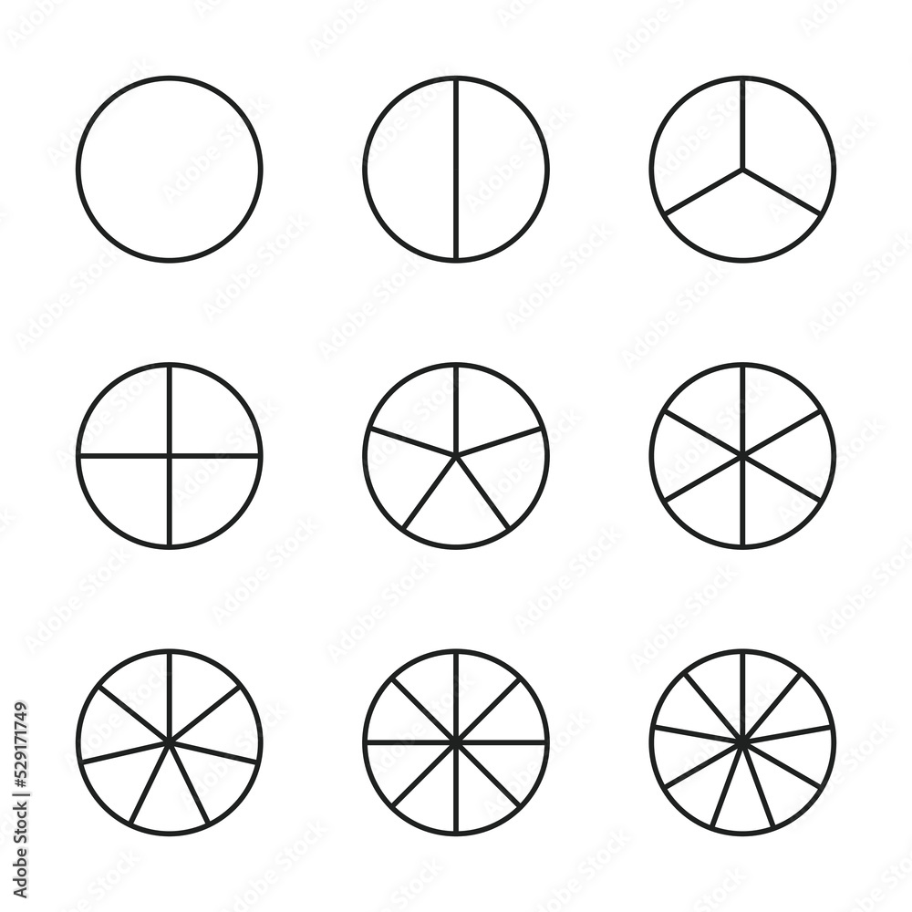 Fractional circle line chart icon. Ratio and some linear vector icons. The round shape of a pie or pizza is cut into equal slices. Linear illustration of a simple business chart or for education. Fractional circle line chart icon. Ratio and some linear vector icons. The round shape of a pie or pizza is cut into equal slices. Linear illustration of a simple business chart or for education.