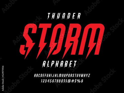 thunder bolt style alphabet design with uppercase, numbers and symbol