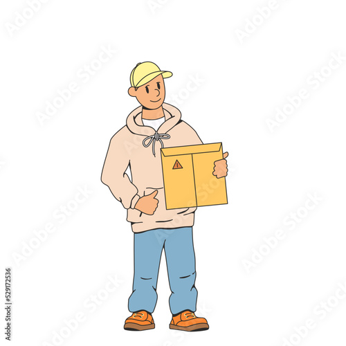 Young man,deliverer.Holds an envelope,package in his hand.Smiling and showing thumbs up.The concept of fast delivery of parcels to the house.Modern stock vector illustration of delivery of the order.