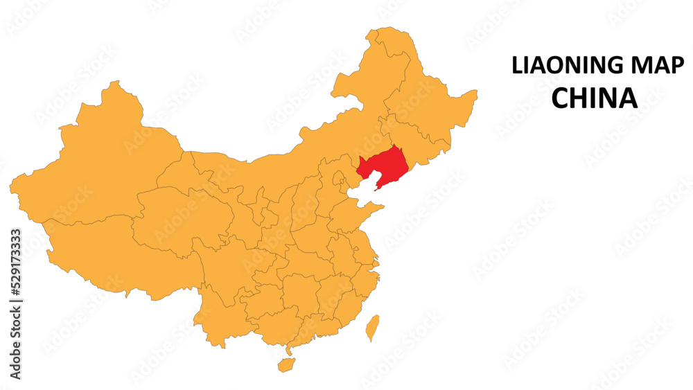 Obraz premium Liaoning province map highlighted on China map with detailed state and region outline.