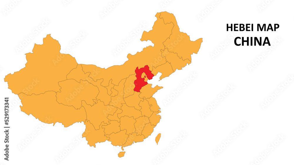 Obraz premium Hebei province map highlighted on China map with detailed state and region outline.