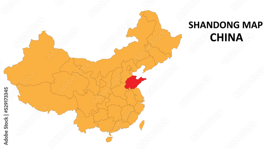 Shandong province map highlighted on China map with detailed state and region outline.