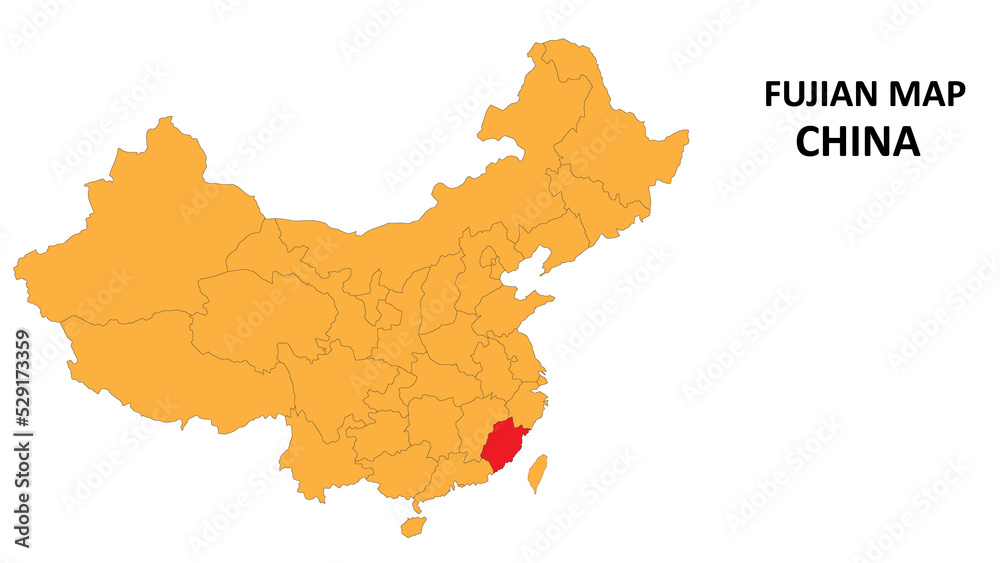 Obraz premium Fujian province map highlighted on China map with detailed state and region outline.