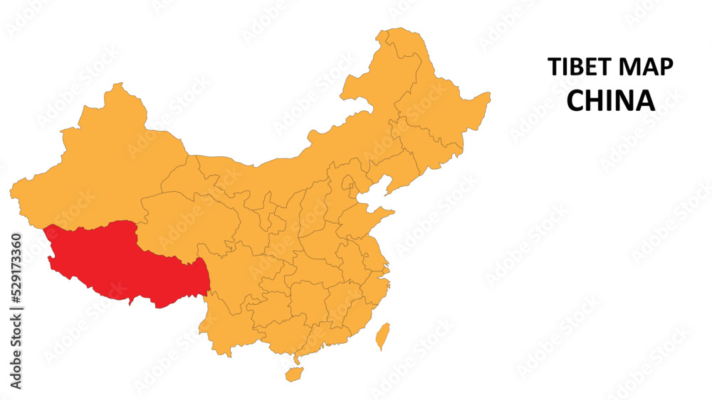Tibet province map highlighted on China map with detailed state and region outline.