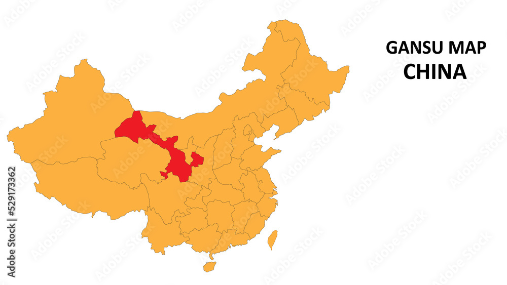 Obraz premium Gansu province map highlighted on China map with detailed state and region outline.