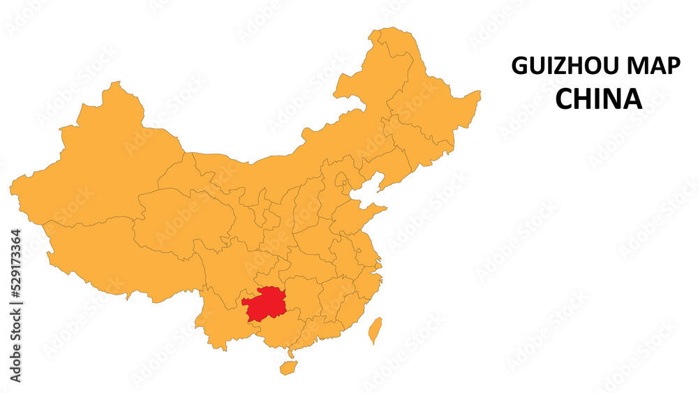 Obraz premium Guizhou province map highlighted on China map with detailed state and region outline.