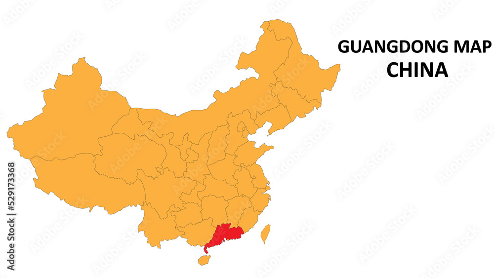 Guangdong province map highlighted on China map with detailed state and region outline.
