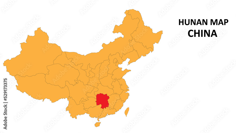 Obraz premium Hunan province map highlighted on China map with detailed state and region outline.