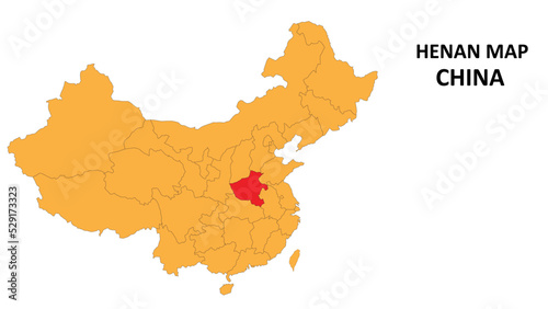 Henan province map highlighted on China map with detailed state and region outline.