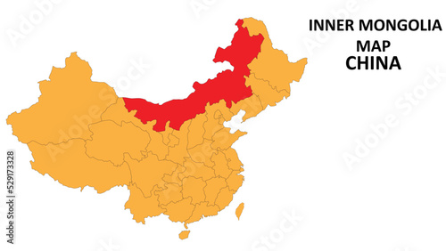 Inner Mongolia province map highlighted on China map with detailed state and region outline.