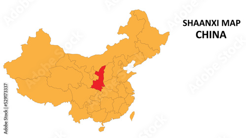 Shaanxi province map highlighted on China map with detailed state and region outline.