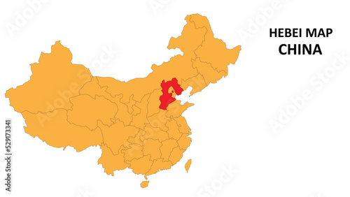 Hebei province map highlighted on China map with detailed state and region outline. photo