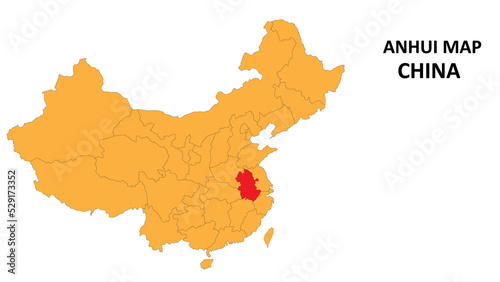 Anhui province map highlighted on China map with detailed state and region outline.