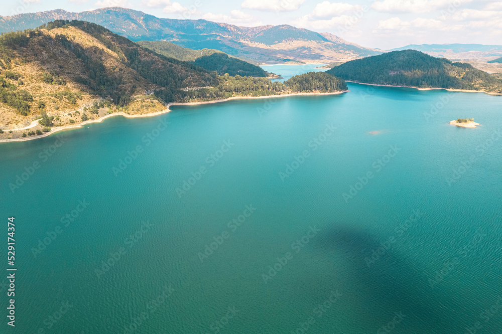 Aoos Springs Lake in the Metsovo in Epirus. mountains of Pindus in northern Greece. Techniti Limni Aoou Lake. Aerial view, top view, drone