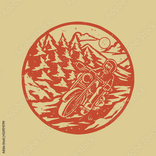 Distressed stamp illustration of biker in the wild