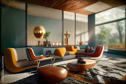 mid century modern style interior, neural network generated art. Digitally generated image. Not based on any actual scene or pattern. photo