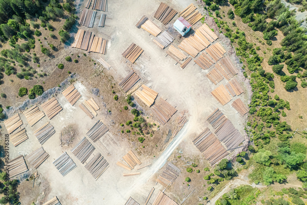 Fototapeta premium Aerial view of sawmill with timber, chopped a lot of pine tree wood logs. Top, drone view