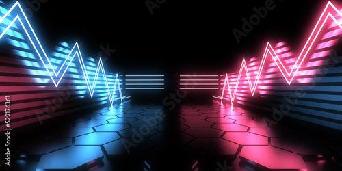 3D abstract background with neon lights. neon tunnel  .space construction . .3d illustration