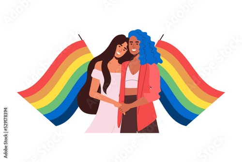 A woman marries a friend with blue hair. LGBT Rainbow Flags and Pride